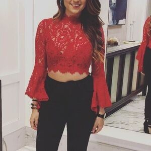 Red lace cropped long sleeved top
